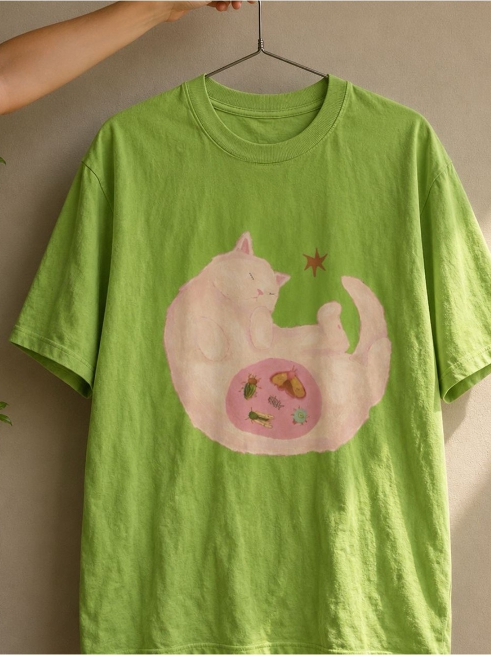 Gildan Lime Green Tee with Pink Cat Graphic